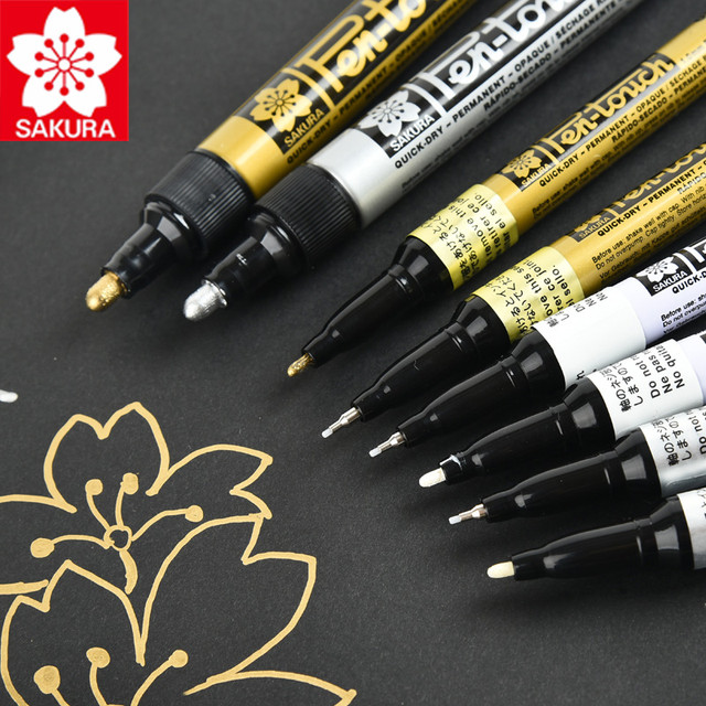 Japan SAKURA Pen-Touch Metallic Markers Opaque Oil Paint Pens 0.7/1.0/2.0mm  White Gold